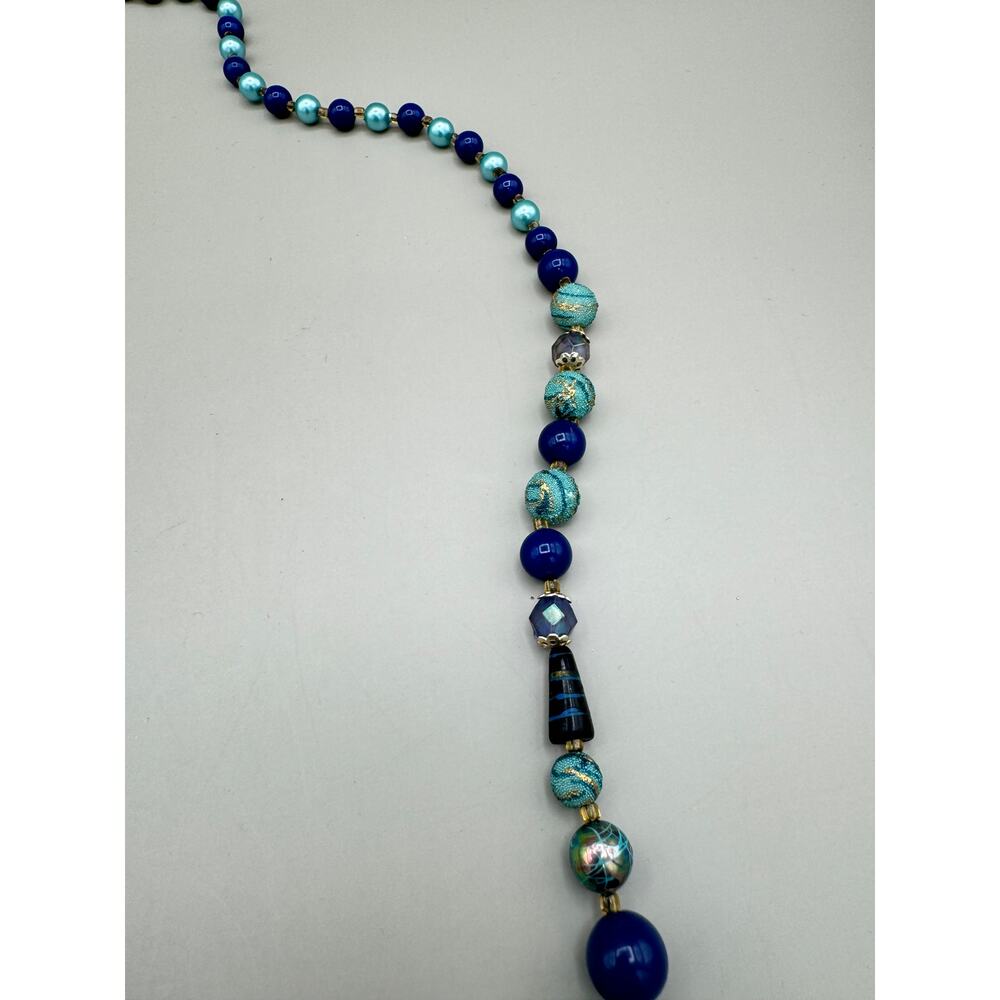 Vintage Blue Teal Gold Metallic Beaded Necklace - Picture 8 of 10